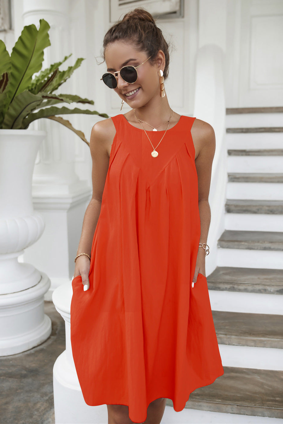 Daytime Playtime Cotton + Linen Pocketed Dress Tomato Red