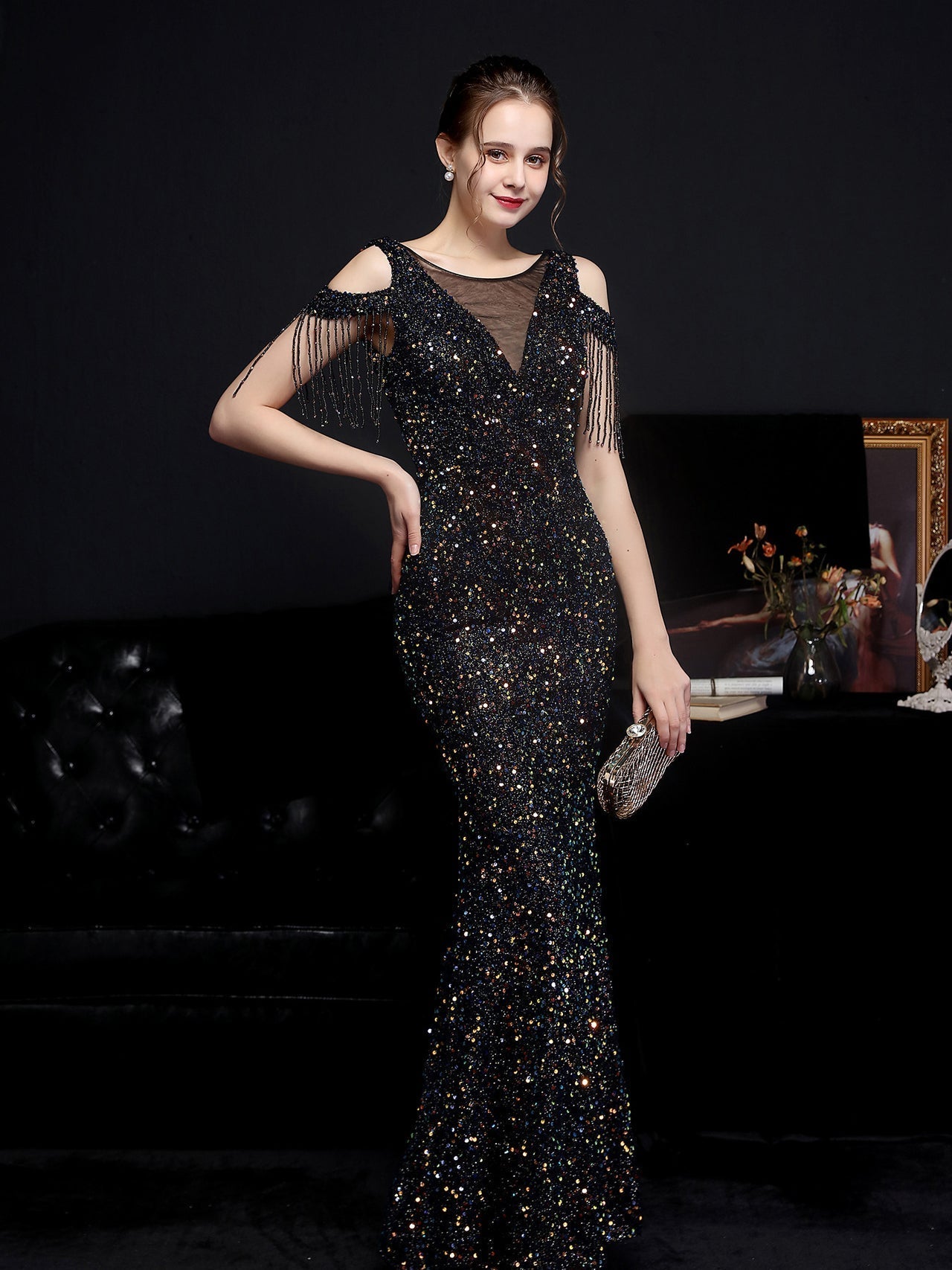 Shiny slim fishtail evening dress