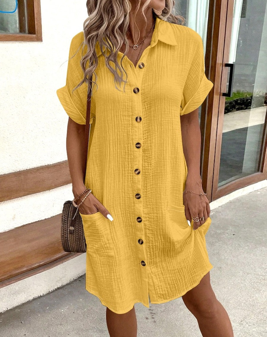 Collared Button Front Short Sleeve Pocket Textured Shirt Mini Dress