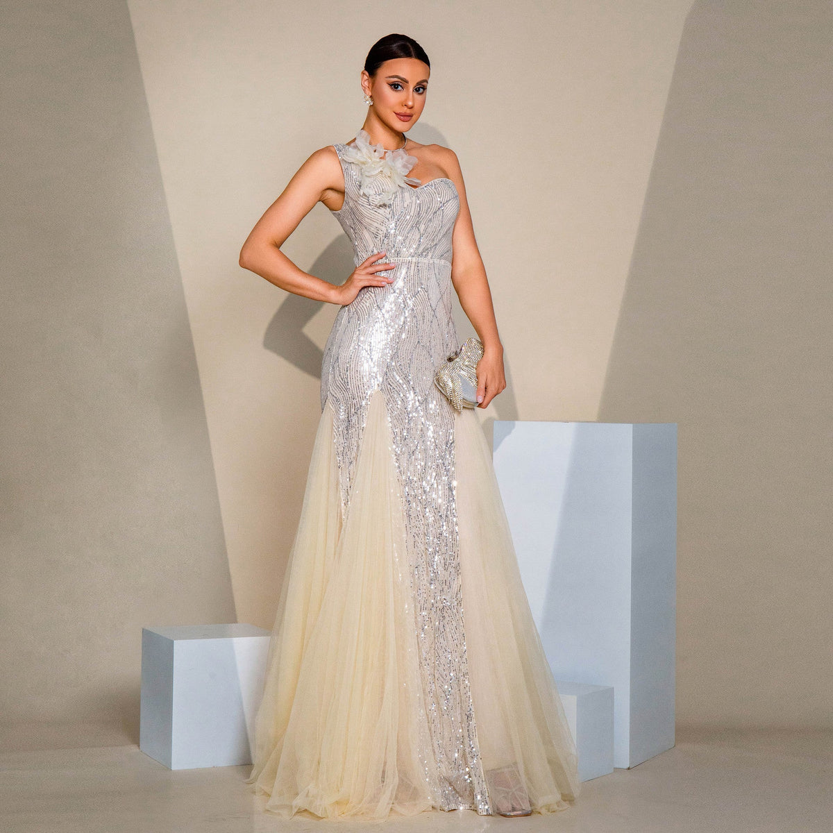 Beige One Shoulder Floral Applique Sequin Tulle A-Line Maxi Gown