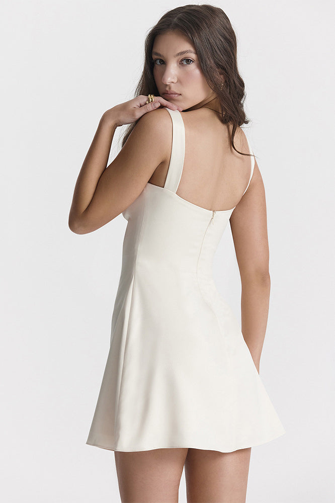 Satin Square Neck Suspender Strap Summer Party Mini Dress - White