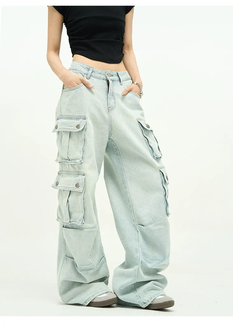 Light Wash Baggy Cargo Jeans with Multiple Flap Pockets