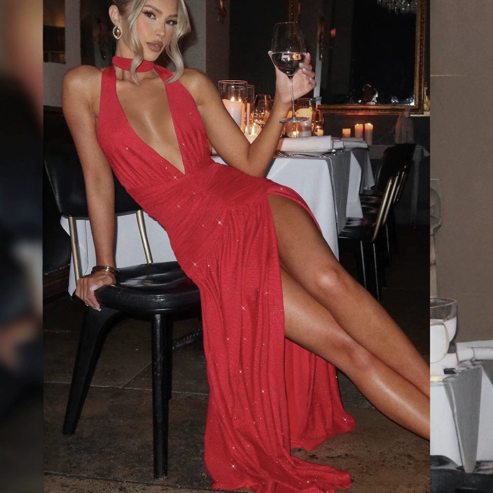 Halter Choker Neck Deep Plunge Glitter Ruched High Slit Maxi Dress