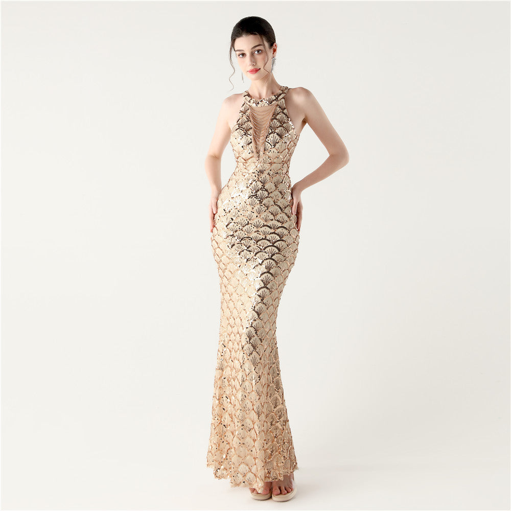 Halter Neck Sequin Illusion Mesh Mermaid Maxi Gown 8
