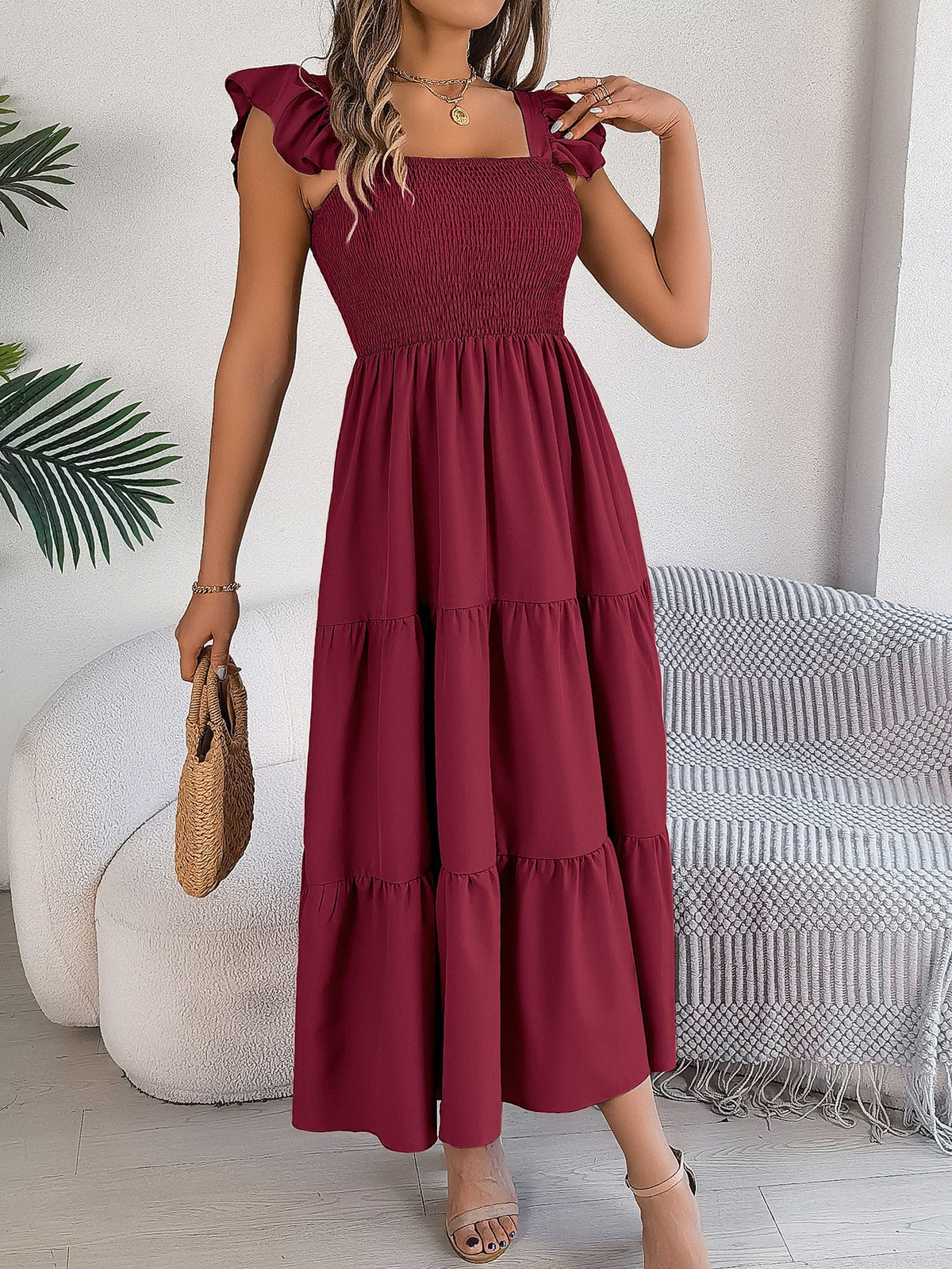 Wine Red Square Neck Flutter Sleeve Shirred Tiered Flowy Midi Dress 2