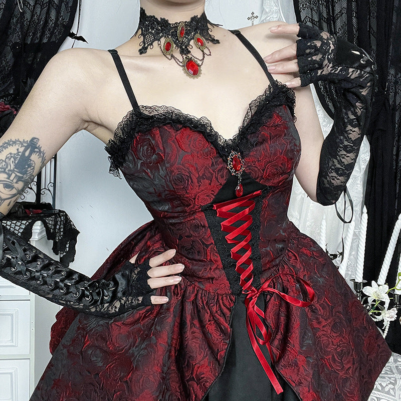 Red Rose Jacquard Suspender Dress