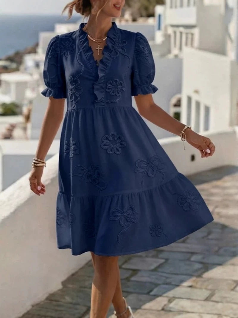 Ruffle V-Neck Floral Applique Puff Sleeve A-Line Mini Dress 4