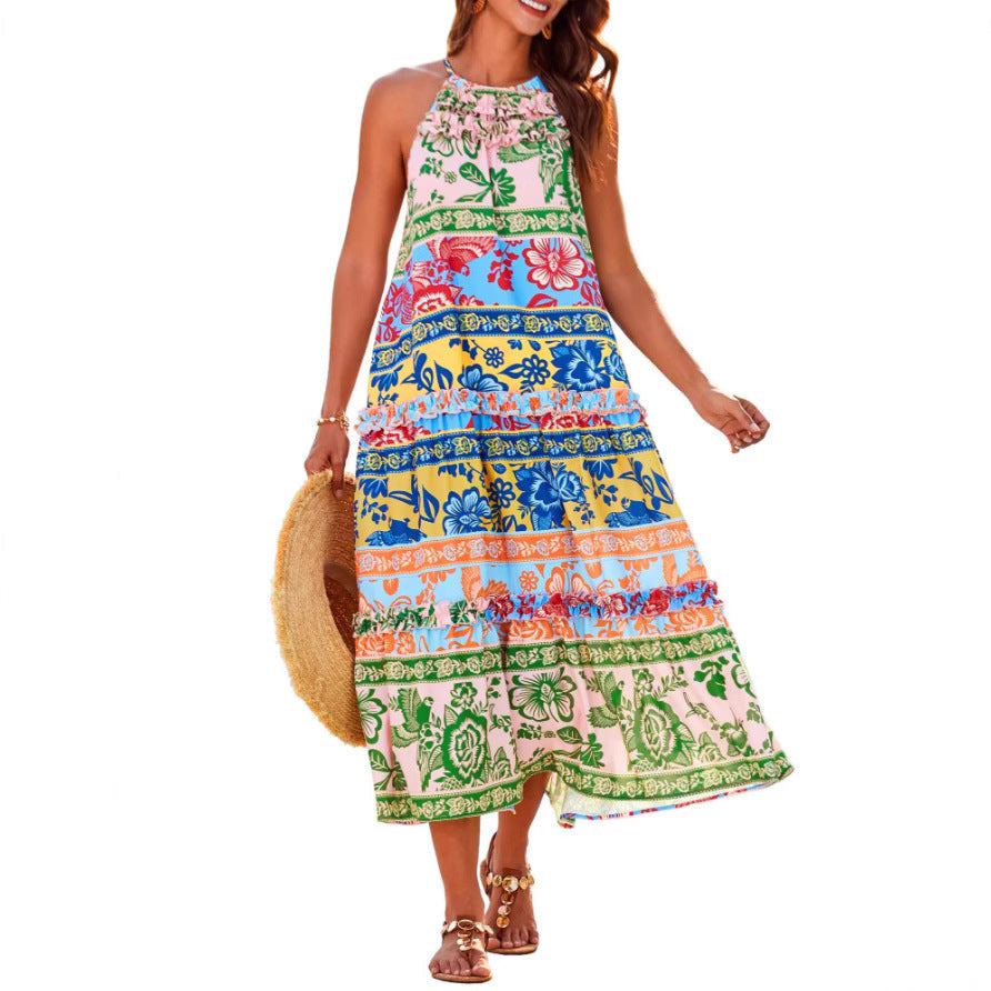 Halter Neck Floral Print Tiered Ruffle Boho Maxi Dress