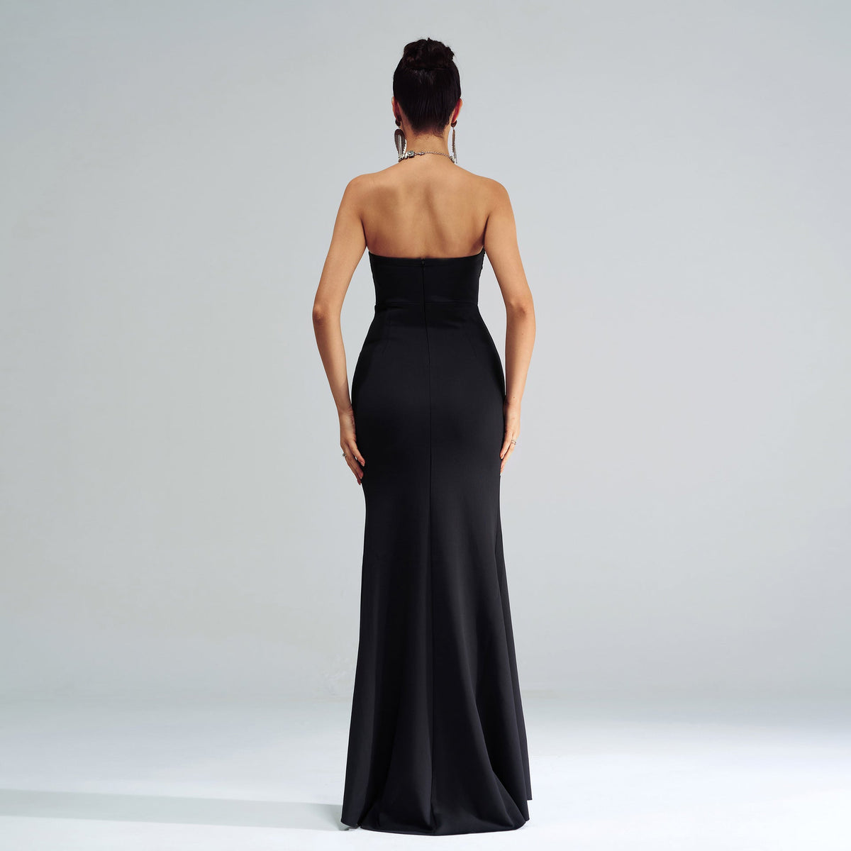 Black Strapless Sweetheart Beaded Corset Ruched High Slit Mermaid Maxi Dress