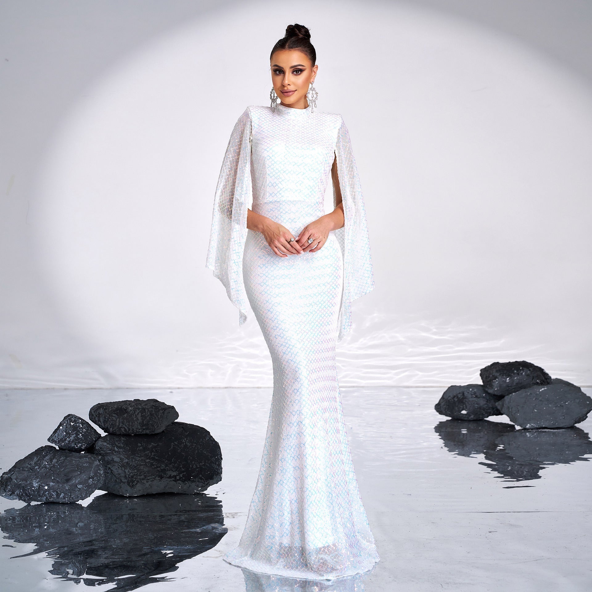 Mock Neck Cape Sleeve Sequin Mermaid Gown