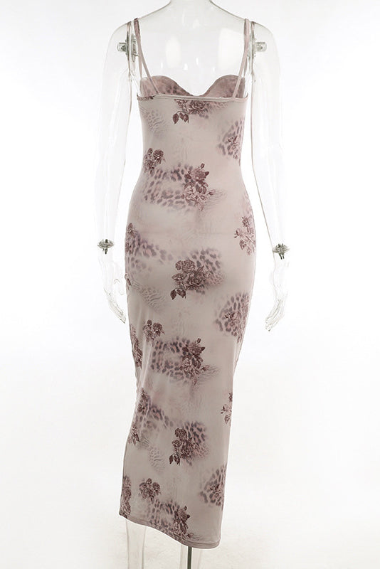 Spaghetti Strap Lace Trim Floral Mesh Corset Bodycon Maxi Dress