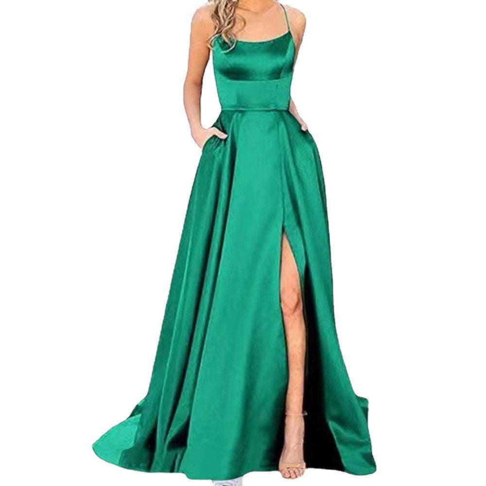 Spaghetti Strap Scoop Neck Satin High Slit A-Line Maxi Gown
