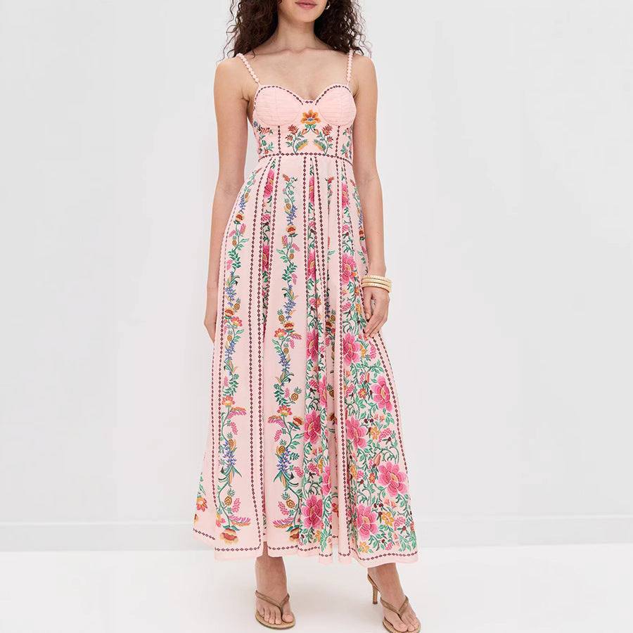 Spaghetti Strap Sweetheart Neck Floral Print Smocked A-Line Maxi Dress