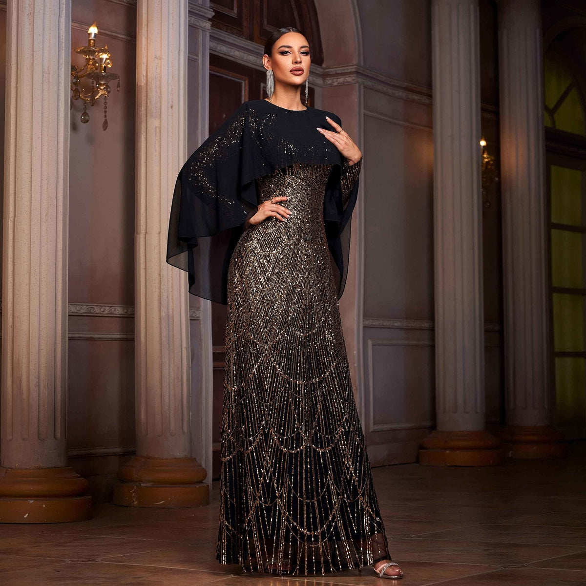 Gold Round Neck Sequin Chiffon Cape Long Sleeve Column Maxi Gown