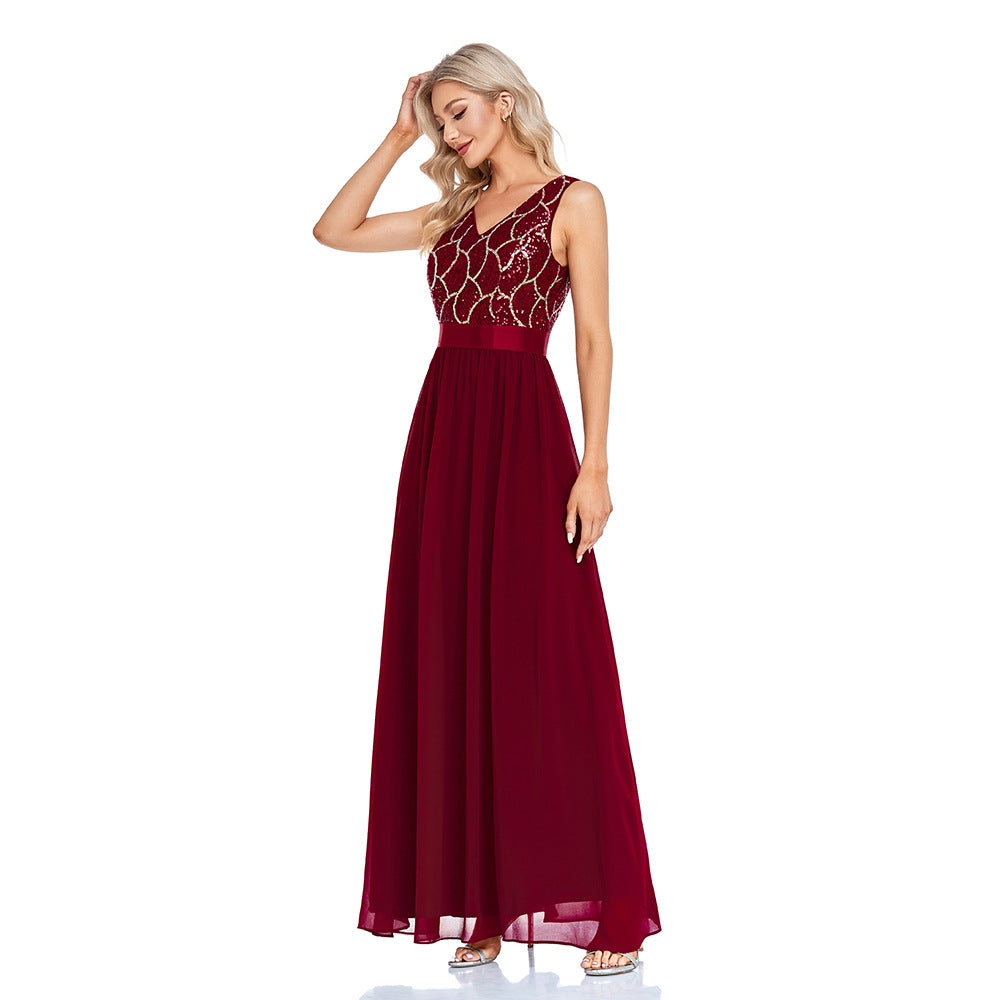 Double V Neck Sleeveless Sequined Chiffon Floor Length A Line Evening Dress Thirteen Party Dress