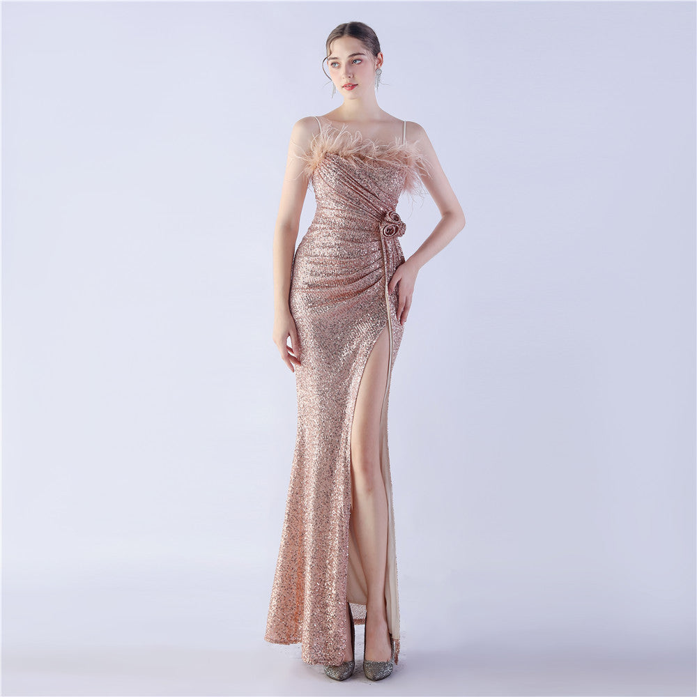Spaghetti Strap Feather Trim Sequin High Slit Mermaid Gown 4