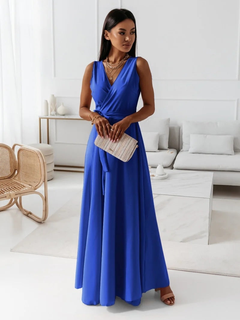 Edvige Timeless Women's Solid Color V Neck Long Dress Elevated Occasion Wear
