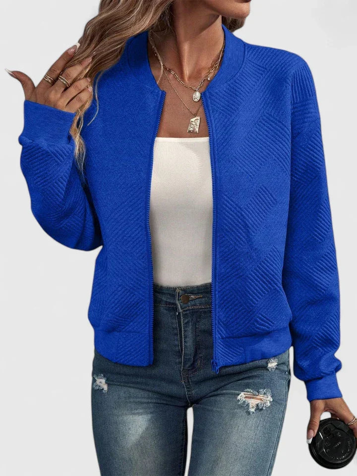 Stand Collar Textured Knit Zip Front Long Sleeve Bomber Jacket