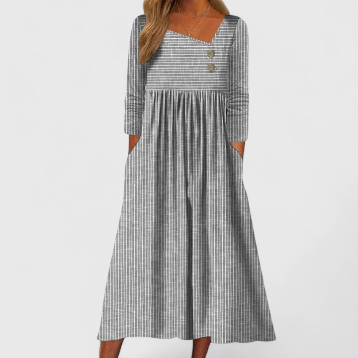 Asymmetric Neck Pinstripe Button Long Sleeve Empire Waist Maxi Dress