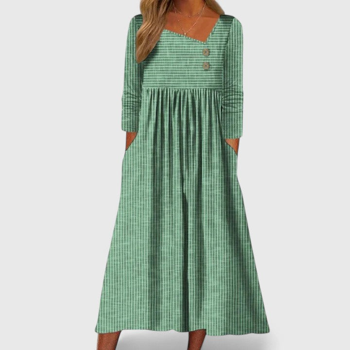 Asymmetric Neck Pinstripe Button Long Sleeve Empire Waist Maxi Dress