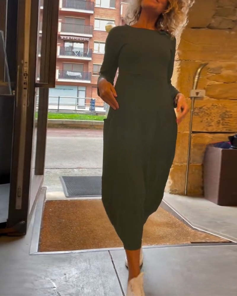 Round Neck Long Sleeve Pocket Cocoon Midi Dress