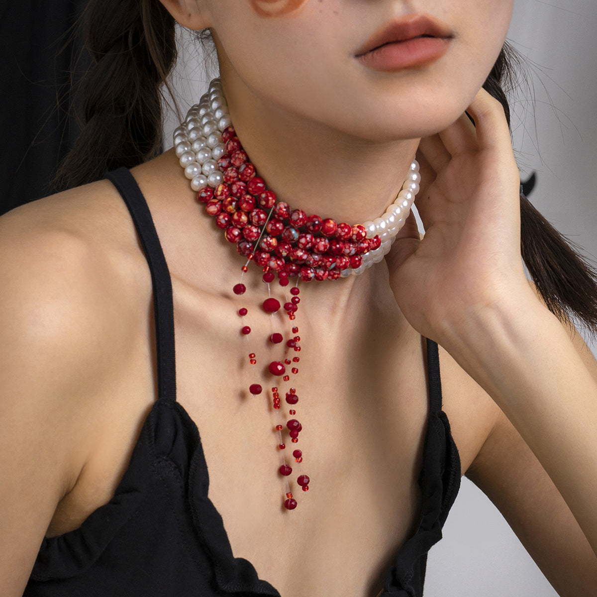 Halloween Beaded Creative Blood Drop Tassel Highend Red Personality Necklace
