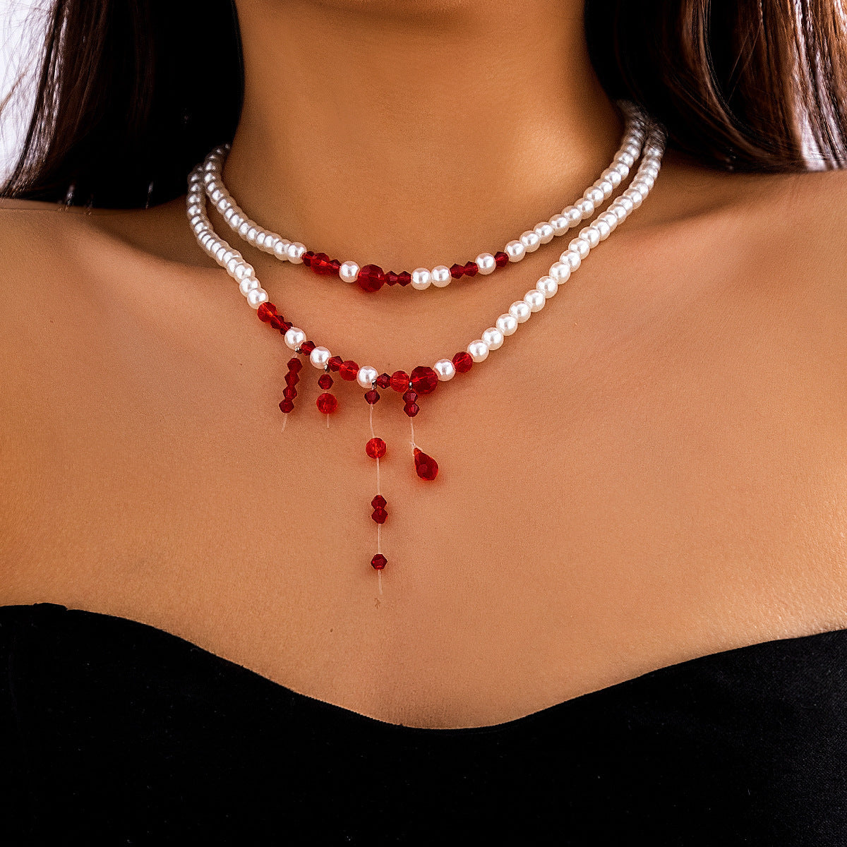 Halloween Beaded Creative Blood Drop Tassel Highend Red Personality Necklace