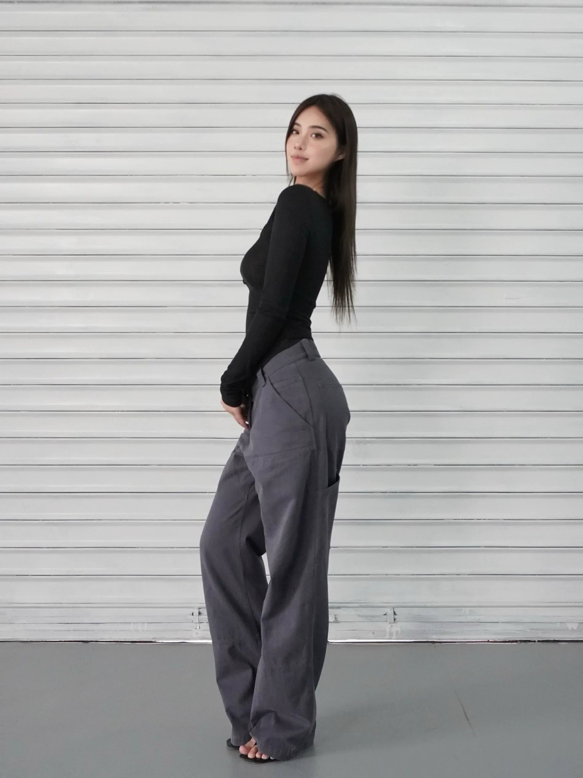 Slim-Fit Button-Up Ribbed Long Sleeve Top