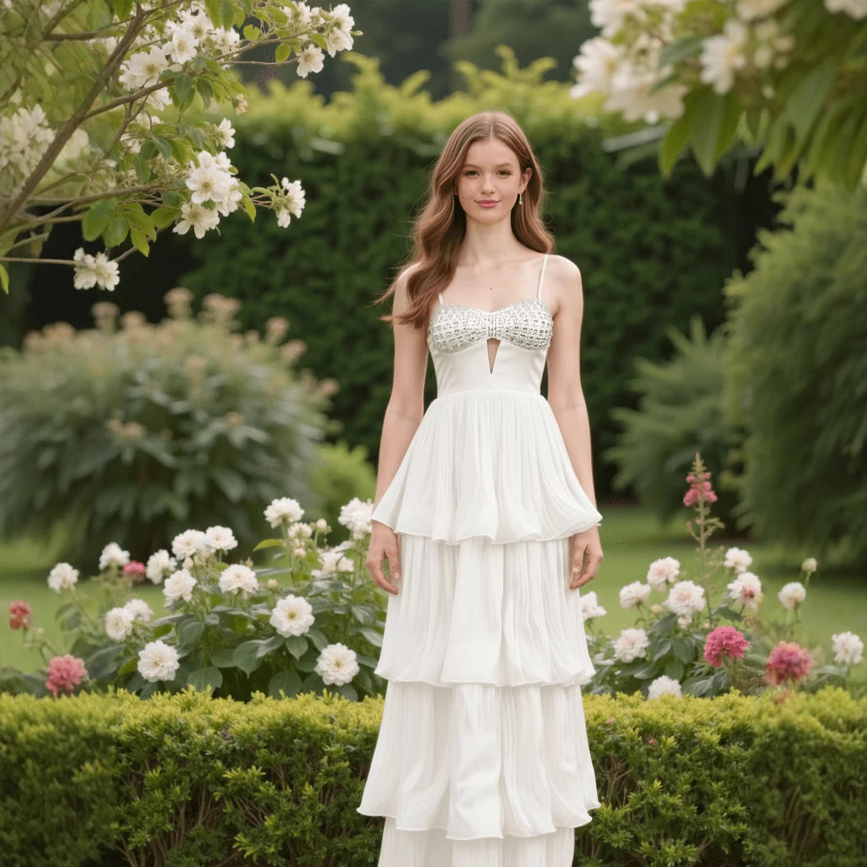 Summer Ruffled Spaghetti Straps White Diamond Party Dress Sleeveless Hollow Out Cutout Dress