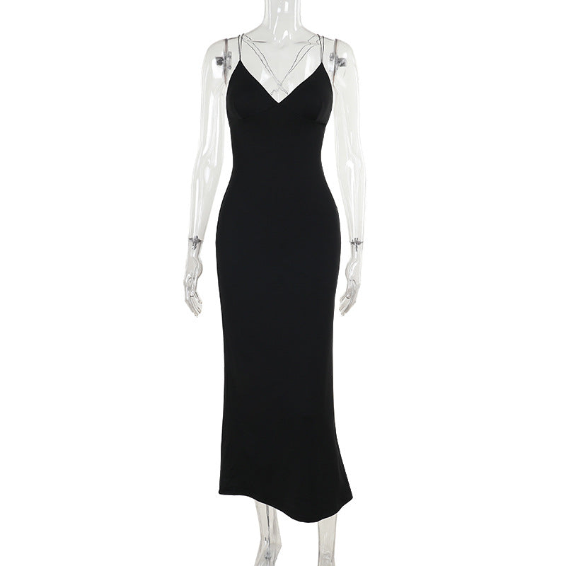 Fall Back Shaping Sling Vacation Deep V Plunge Neck Backless Maxi Dress