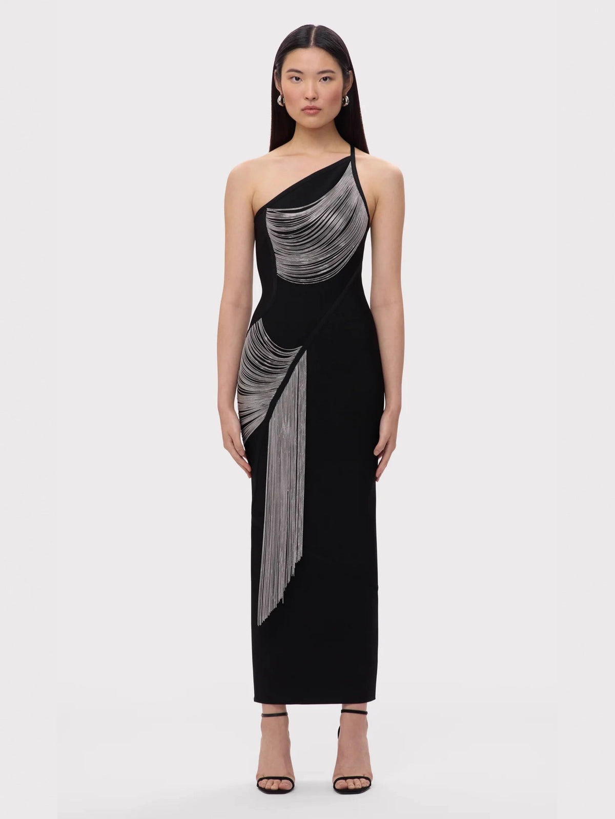 Black One-Shoulder Chain Fringe Draped Bodycon Maxi Dress