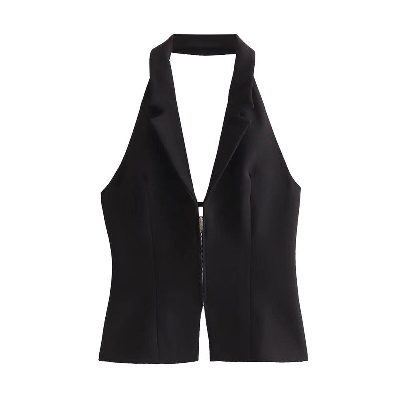 Canvas Halter Neck Backless Lapel Vest