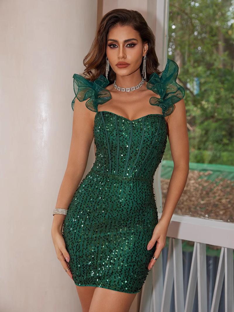 Off-Shoulder Organza Ruffle Sweetheart Sequin Corset Bodycon Mini Dress 5