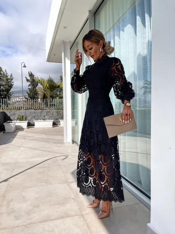 Mock Neck Long Sleeve Crochet Lace Cutout A-Line Midi Dress