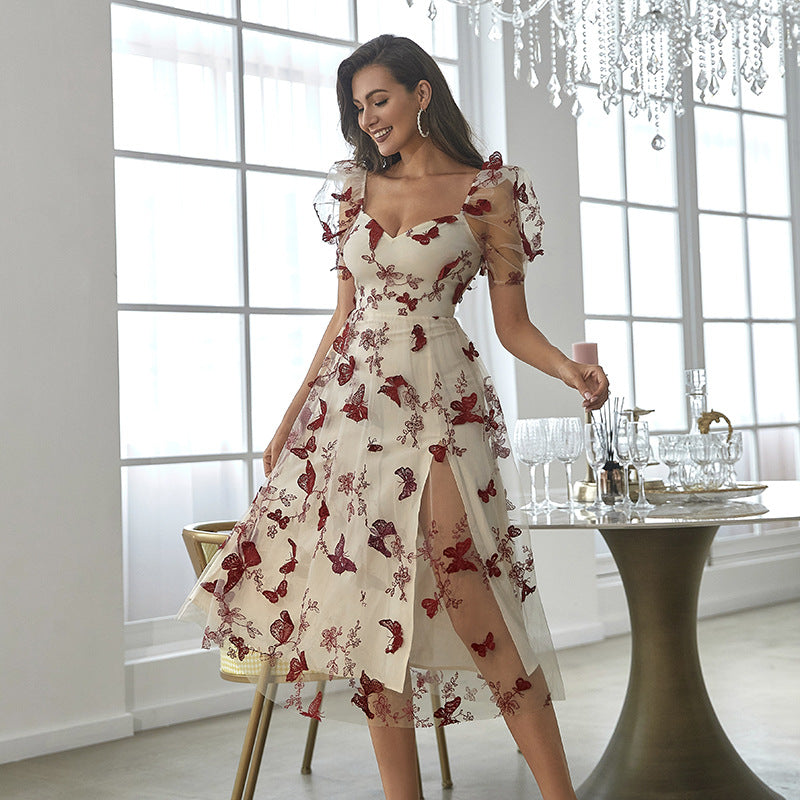 Embroidered Printed Waist off - Shoulder Dress Low - Cut Mesh Large Organza