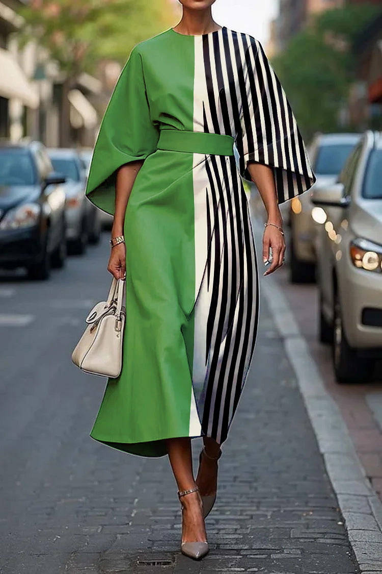 Round Neck Flare Sleeve Abstract Stripe Print A-Line Midi Dress