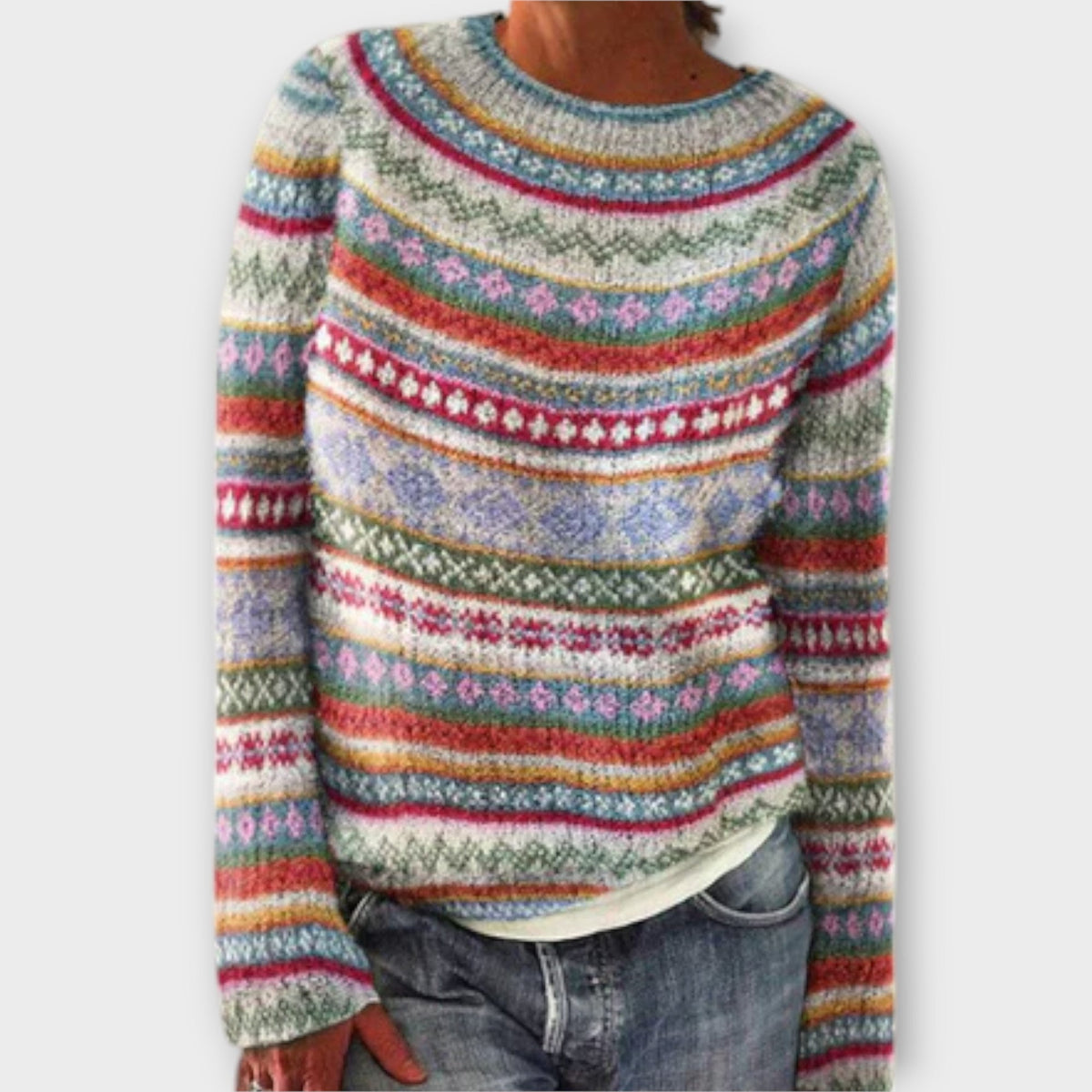 Round Neck Fair Isle Knit Long Sleeve Pullover Sweater 2