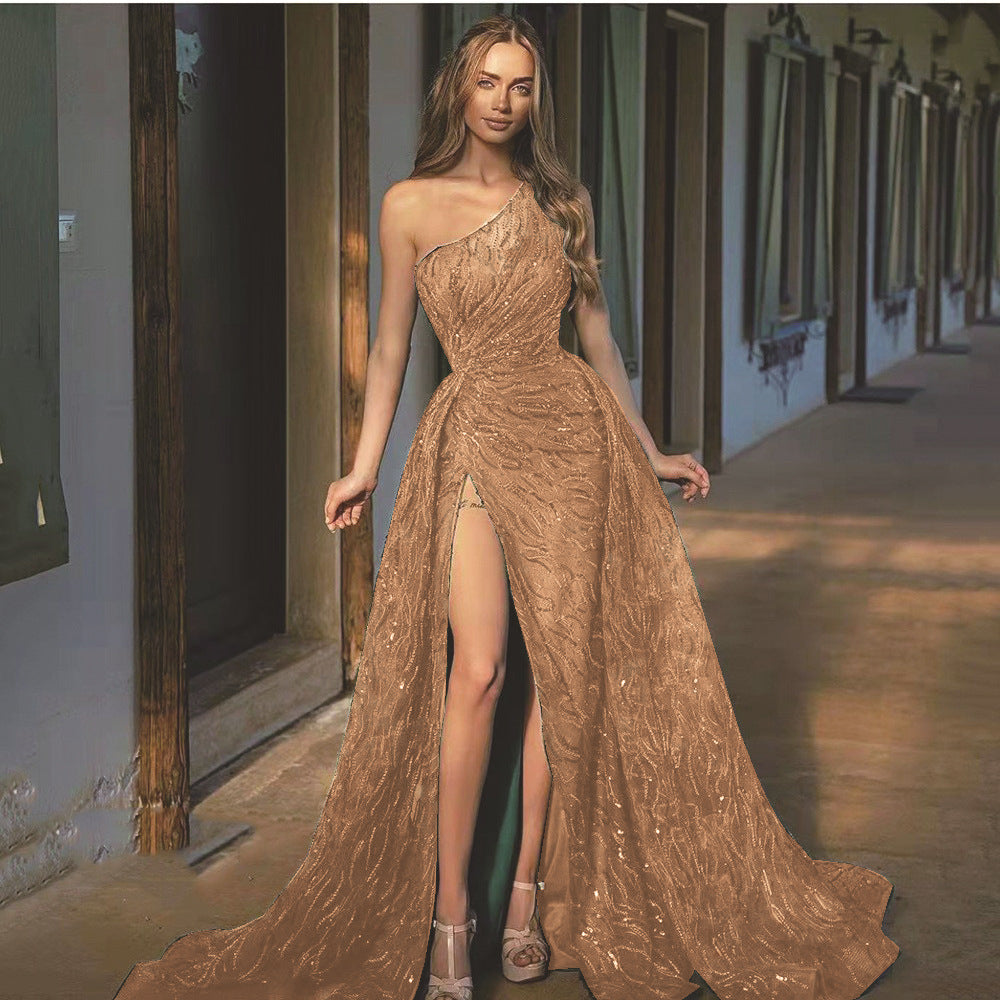 One-Shoulder Sequin High Slit A-Line Maxi Gown
