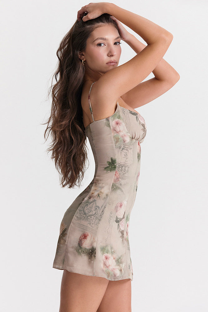 Flower Spaghetti Strap Sweetheart Rose Floral Print Bodycon Mini Dress 2