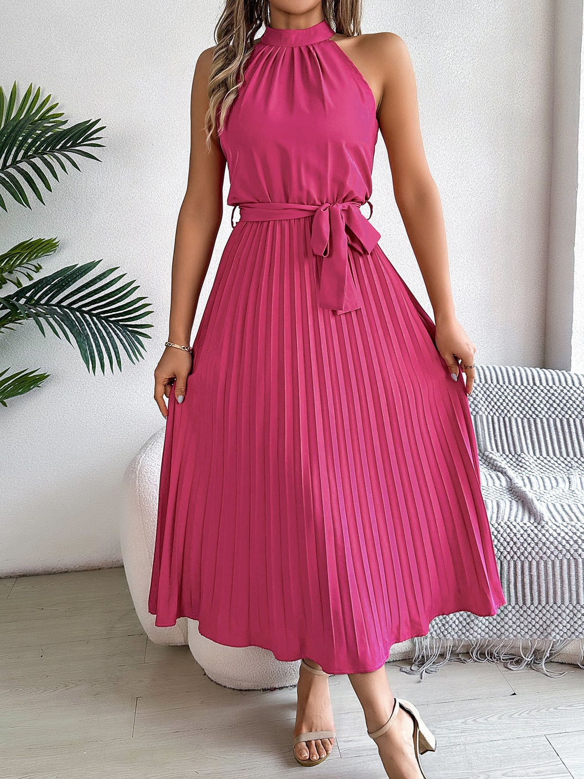 Halter Neck Sleeveless Belted Pleated A-Line Midi Dress