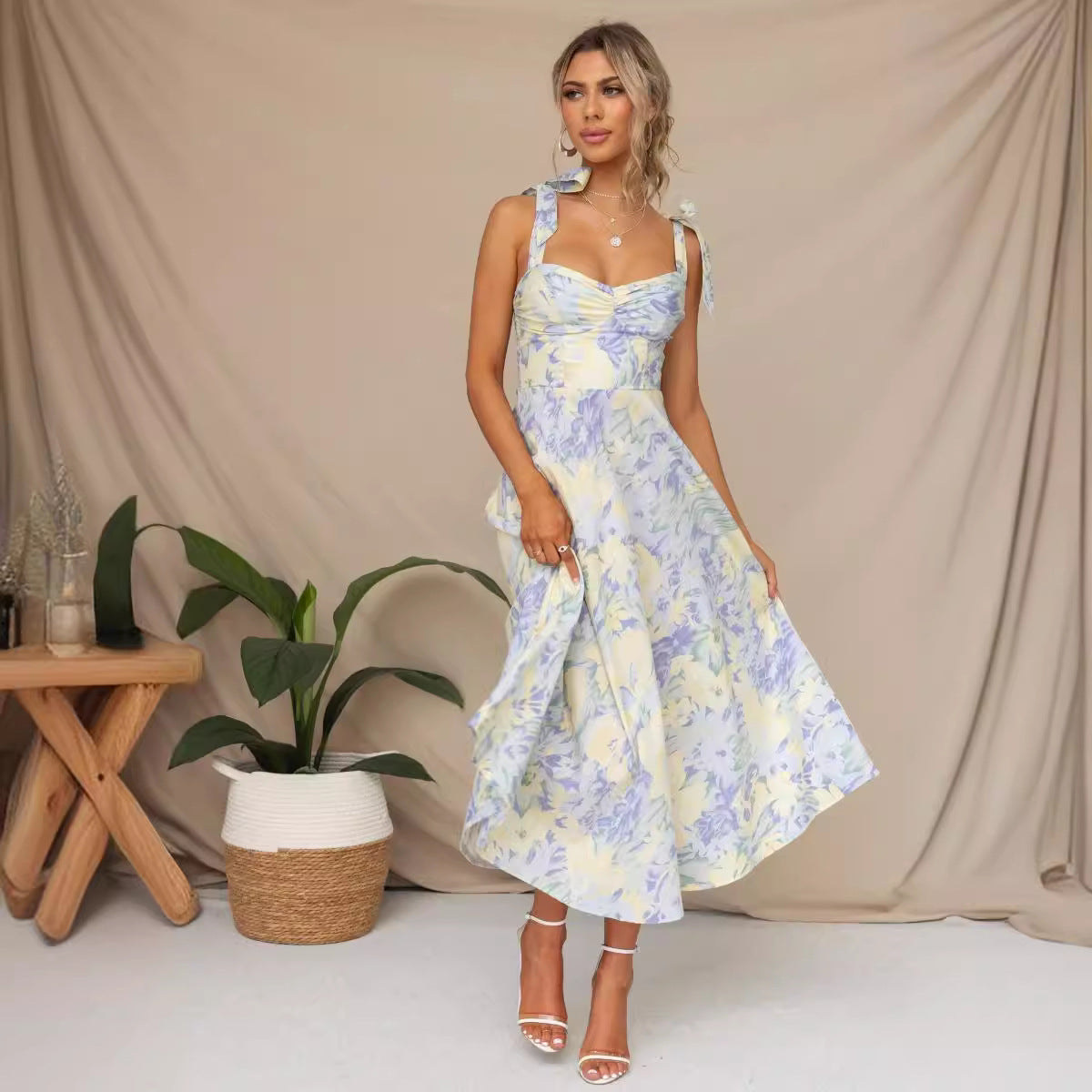 Blue Tie Strap Sweetheart Neck Floral Print Ruched Fit Flare Midi Dress 2