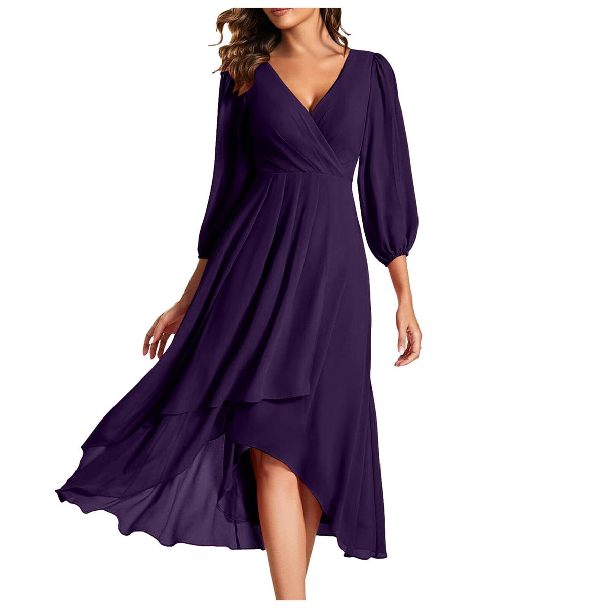 V-Neck Wrap Balloon Sleeve Chiffon High-Low Ruffle Midi Dress 5