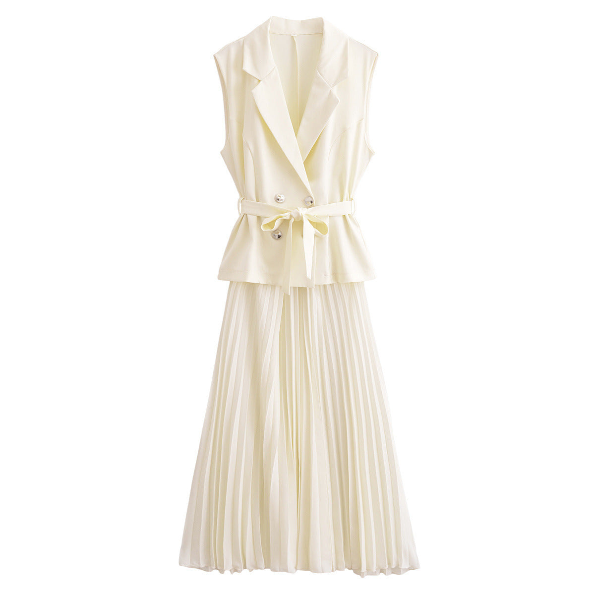 Double-Breasted Belted Vest And Dress Set