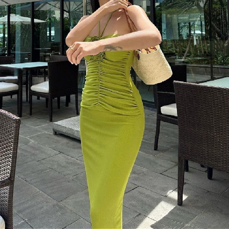 Halter Neck Rosette Applique Ruched Bodycon Maxi Dress 2