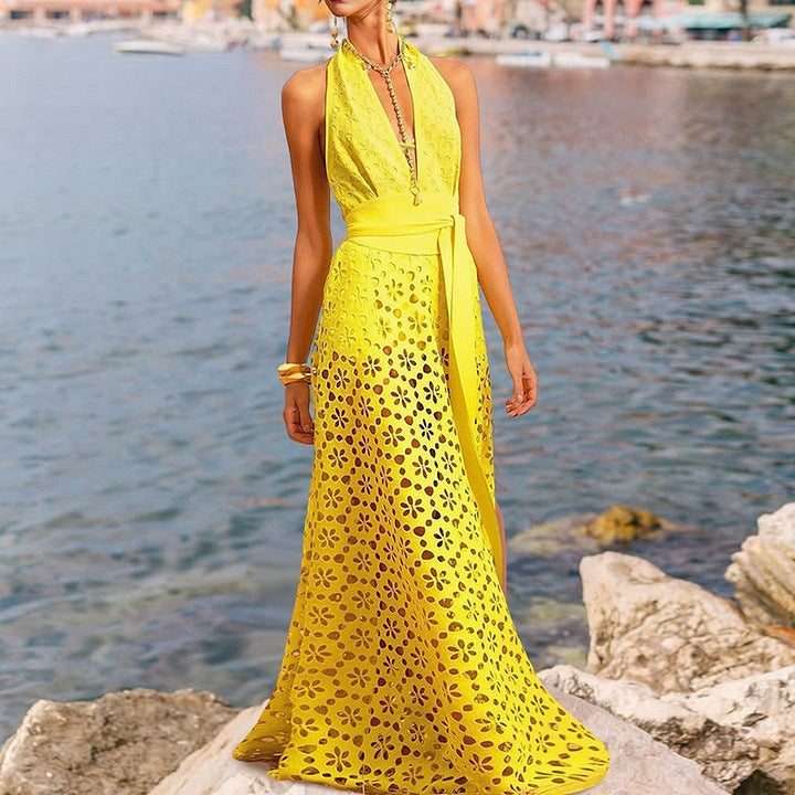 V neck Hollow Out Cutout High Sense One Piece Swimsuit Women Vacation Beach