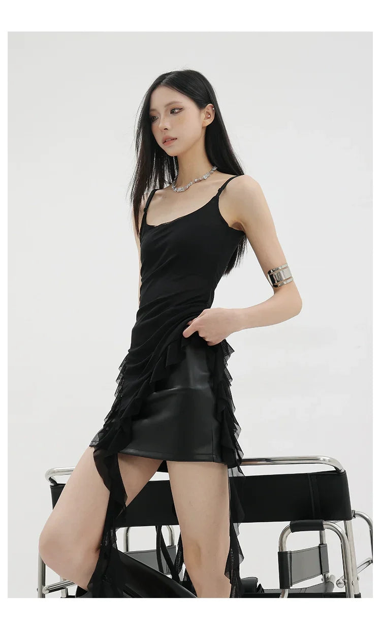 Black Asymmetric Ribbon Strap Tank Top With Ruffle Edge Design