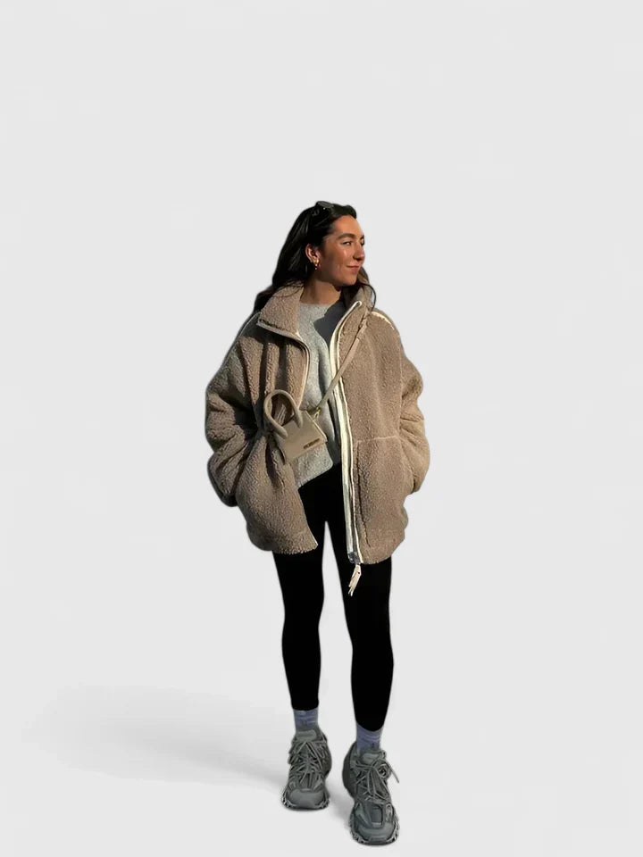 Stand Collar Zip-Front Patch Pocket Sherpa Teddy Jacket