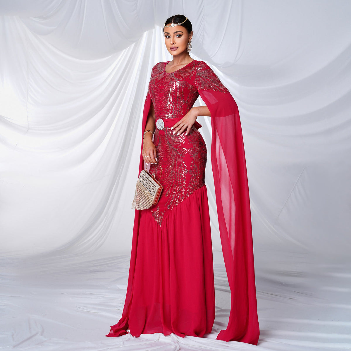 Red Round Neck Sequin Chiffon Cape Sleeve Mermaid Maxi Gown