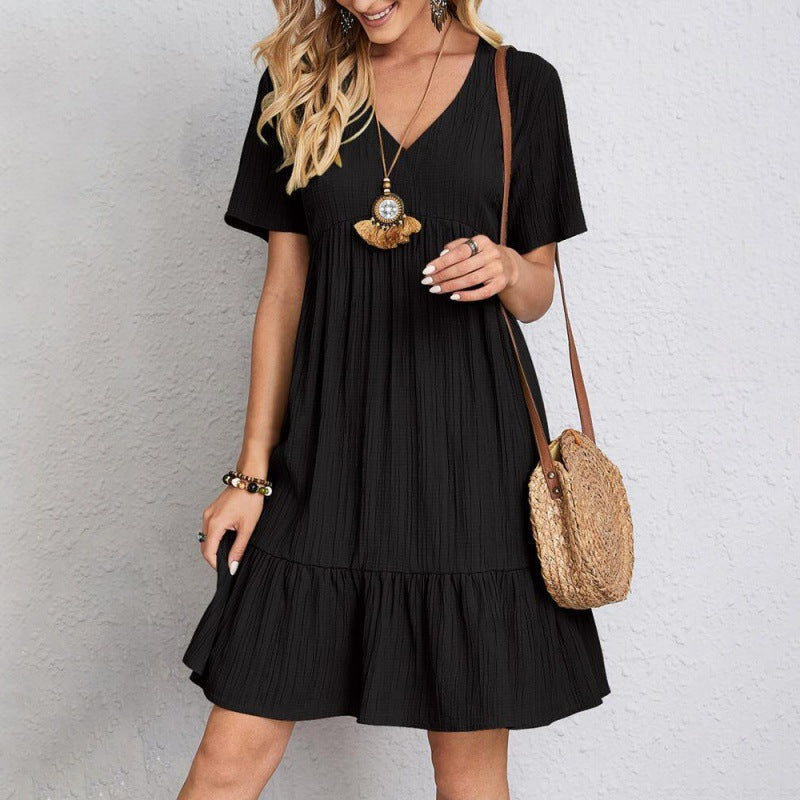 V-Neck Short Sleeve Textured Ruffle Hem Babydoll Mini Dress