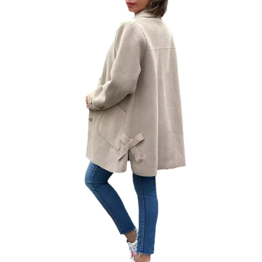 Lapel Collar Double Breasted Long Sleeve Fleece Coat 4